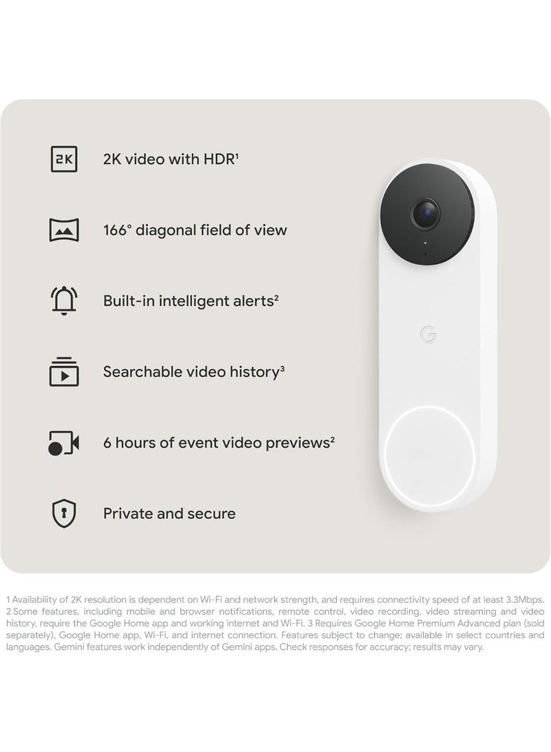 جوجل Google Nest Doorbell (Wired, 3rd Gen) - 2K Video and Gemini, Live View, Night Vision, 2-Way Audio - Works with Google Home - 2025 Model - Snow - Image 3